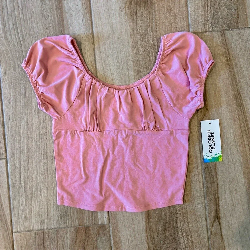Colorful Planet Babydoll Tee Girls L Pink Ruched Square Neck Puff Crop Top